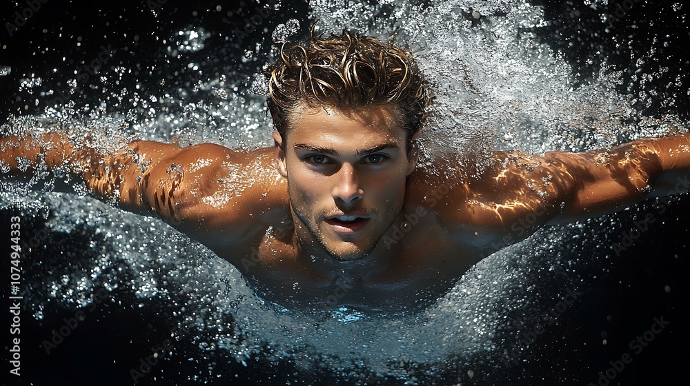 Fototapeta premium Swimmer diving into the pool with perfect form, water splashing, high-speed shot.