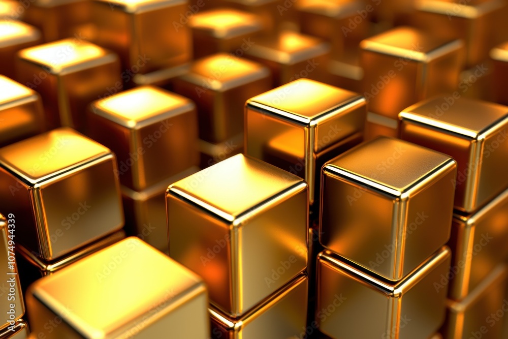 A close-up view of shiny gold blocks arranged in a textured pattern. A close-up view of shiny gold blocks arranged in a textured pattern.