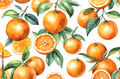 White background with painted orange watercolor oranges and slices. Pattern