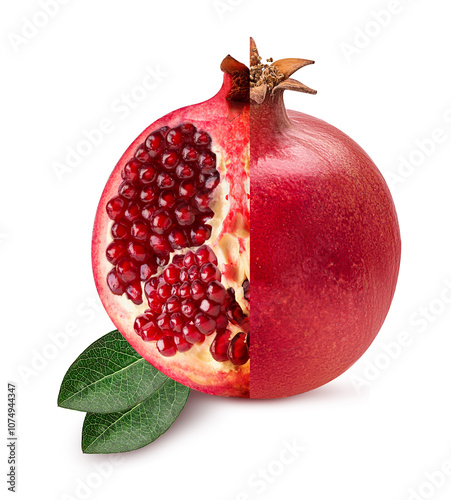 Ripe pomegranate fruit quarter with green leaf