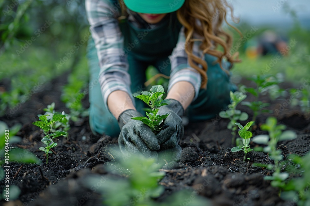 A dedicated gardener carefully plants mint seedlings in dark soil, surrounded by vibrant greenery under a clear sky. The activity captures the essence of nurturing growth and sustainability A dedicated gardener carefully plants mint seedlings in dark soil, surrounded by vibrant greenery under a clear sky. The activity captures the essence of nurturing growth and sustainability