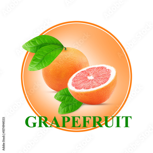 Grapefruit citrus fruit. One and cut in half, with leaf