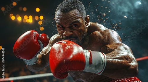 Professional boxer landing a powerful uppercut, intense ring action, crowd in the background.