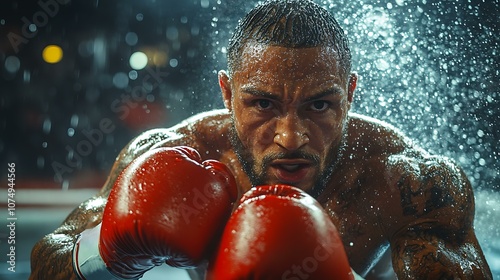 Boxer in a ring delivering a powerful knockout punch, intense facial expressions, dramatic lighting. photo