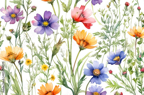 Background with watercolor flowers on white. Pattern