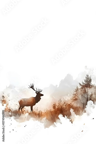 Minimalist watercolor of elk in wilderness