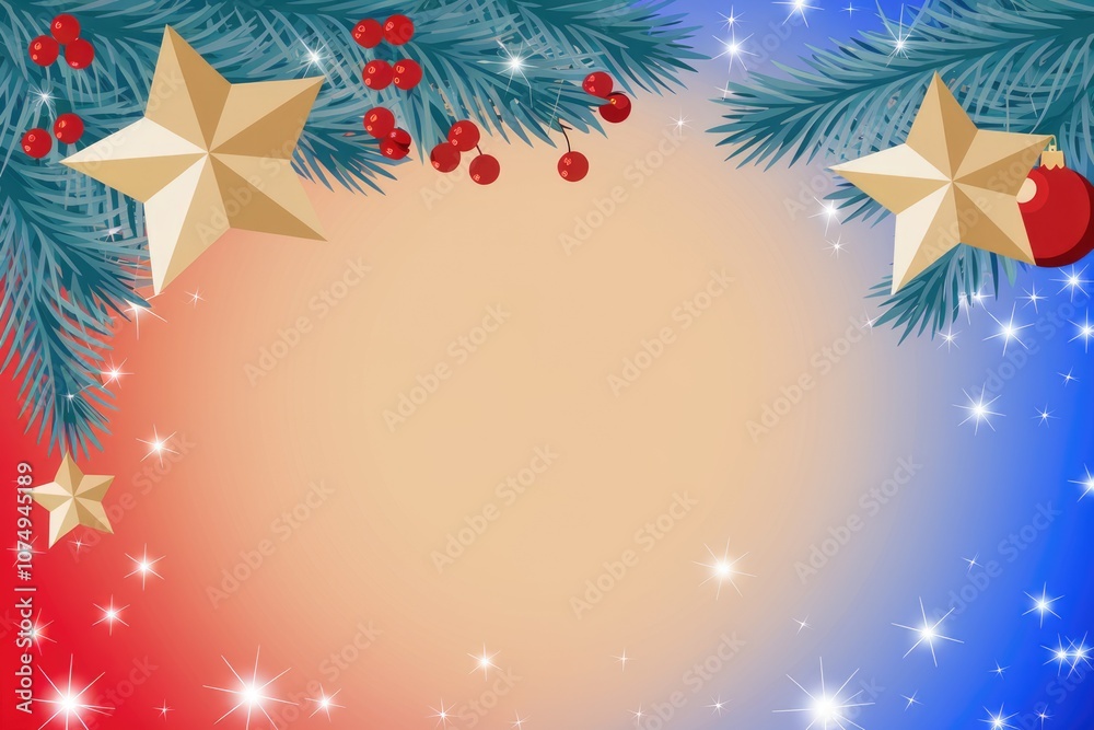 Christmas background with red and blue gradient pine branches stars and ornaments Christmas background with red and blue gradient pine branches stars and ornaments