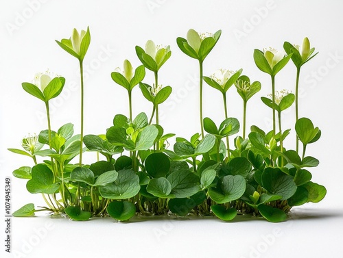 Zannichellia palustris showcases its elegant filamentous leaves and small horn like fruits vividly illustrated clean white backdrop revealing intricate natural details. photo