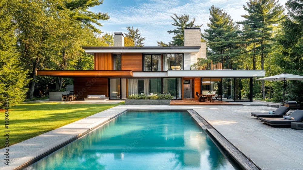 Contemporary house with a wooden and white design, large pool, and pine trees providing a serene, nature-filled backdrop