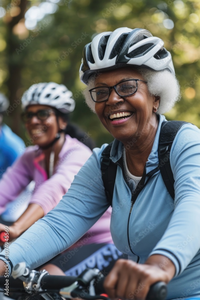 A joyful group of older women cycling together on a sunny day, showcasing the appeal of this healthy activity to people of all ages. A joyful group of older women cycling together on a sunny day, showcasing the appeal of this healthy activity to people of all ages.