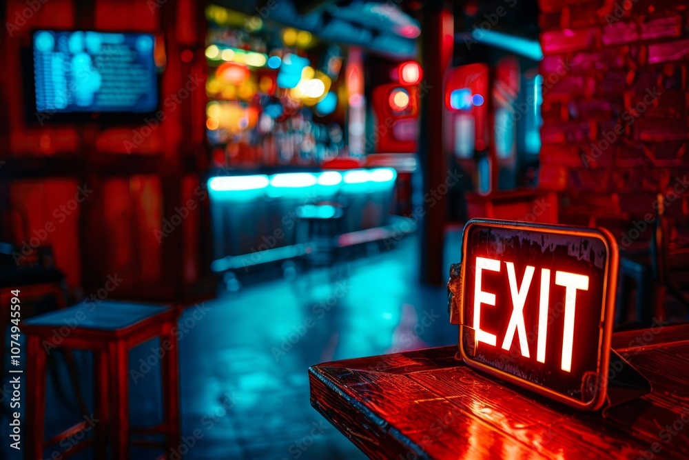 custom made wallpaper toronto digitalBright Exit Sign in Dimly Lit Bar Interior