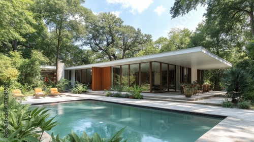 Wallpaper Mural Daytime scene of a modern, white and wooden house with a pool, surrounded by lush pines and landscaped gardens Torontodigital.ca