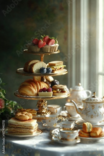 An afternoon tea tray with scones, bread, butter, jam and cream. Teacups and a teapot set on the table.