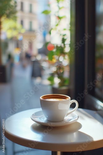 Frothy espresso drink in a white cup with handle on a round saucer, set on a cafe table. Street view seen through window.