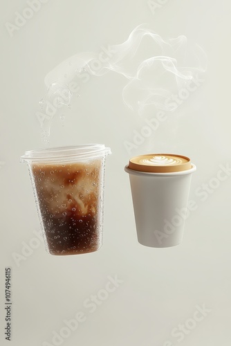 two floating coffee cups on light, neutral background, transparent plastic cup with iced coffee, white paper cup with hot coffee