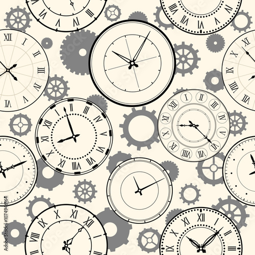 Clock faces seamless pattern. Roman and Arabic numerals watch dials. Repeated print. Steam punk style. Mechanical chronometer. Hour and minute arrows. Vintage elements. Vector background