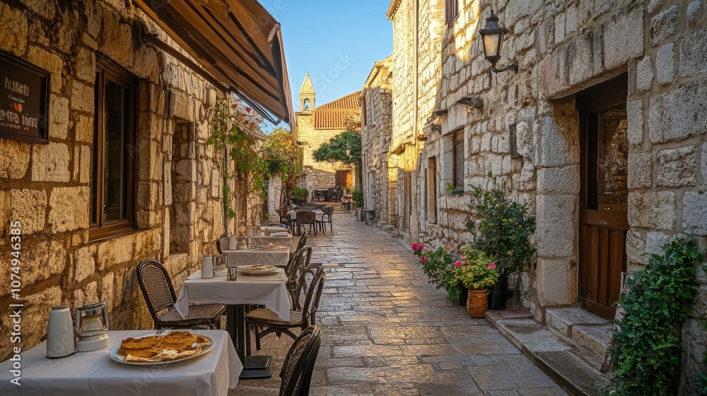 Obraz premium A charming outdoor café nestled in the quaint streets of Budva’s old town, inviting visitors to enjoy a meal under the sun