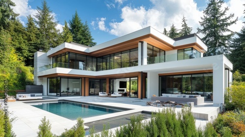 Modern white and wood luxury house with an infinity pool, framed by lush pine trees and contemporary landscaping under a bright sky