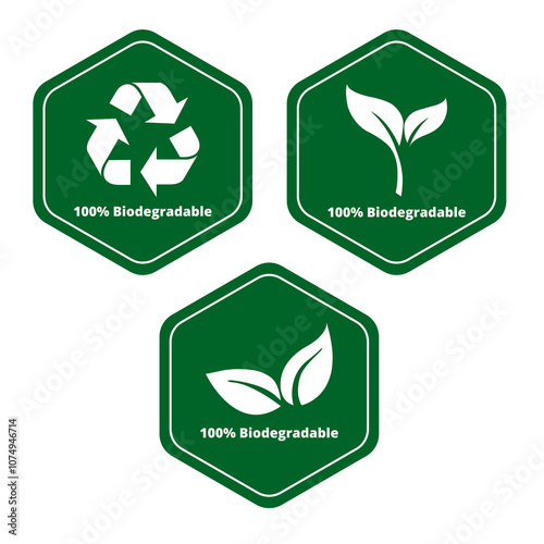 Green 100% biodegradable signs on a white background