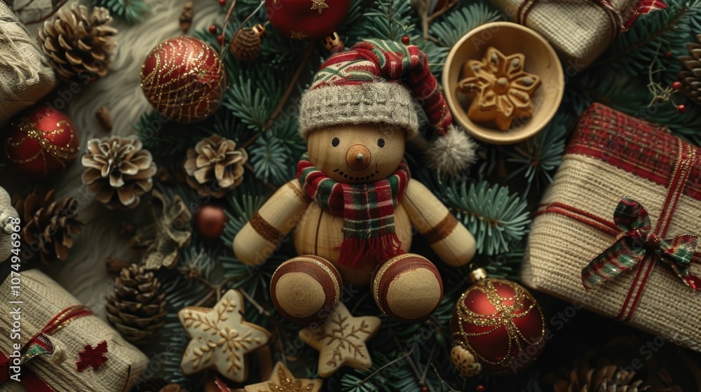 Christmas tree with a wooden snowman on top and a bowl of cookies. The snowman is wearing a hat and scarf. There are many red and green ornaments on the tree Christmas tree with a wooden snowman on top and a bowl of cookies. The snowman is wearing a hat and scarf. There are many red and green ornaments on the tree