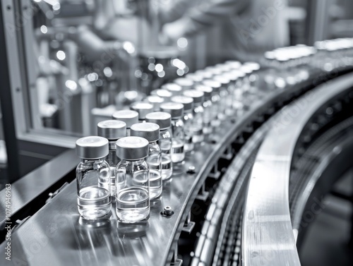 Conveyor belt with many bottles of medicine on it. The bottles are all the same color and are lined up in a row