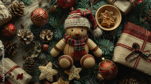 Christmas tree with a wooden snowman on top and a bowl of cookies. The snowman is wearing a hat and scarf. There are many red and green ornaments on the tree