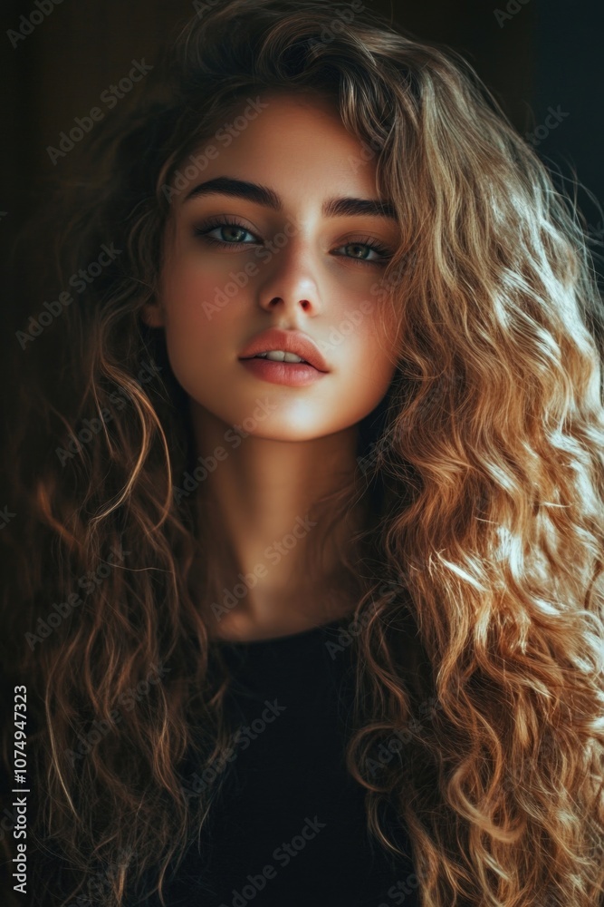 Fototapeta premium Young woman with long, wavy hair smiling at the camera. Modeling casual fashion with a vintage feel in indoor setting.
