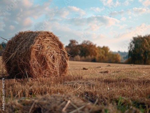 Hay bale in a field, sunlit, pastoral scene, agriculture, rural life