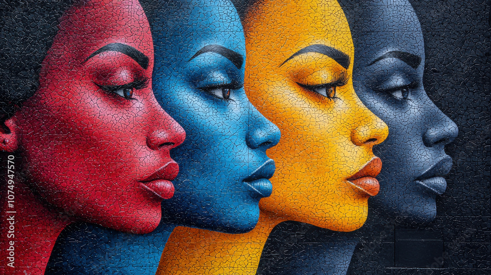 Obraz premium vibrant mural showcasing diverse profiles in red, blue, yellow, and gray, celebrating diversity and inclusivity. textured background adds depth to artwork