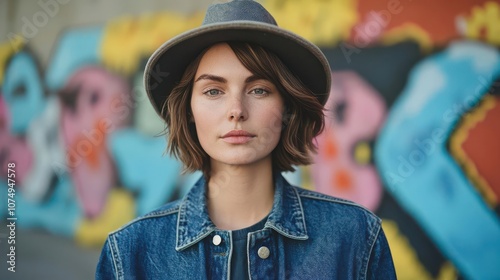 A confident woman stands front and center showcasing her casual style in a denim jacket and trendy hat perfectly complemented by a colorful graffiti backdrop that adds an artistic flair to the scene.