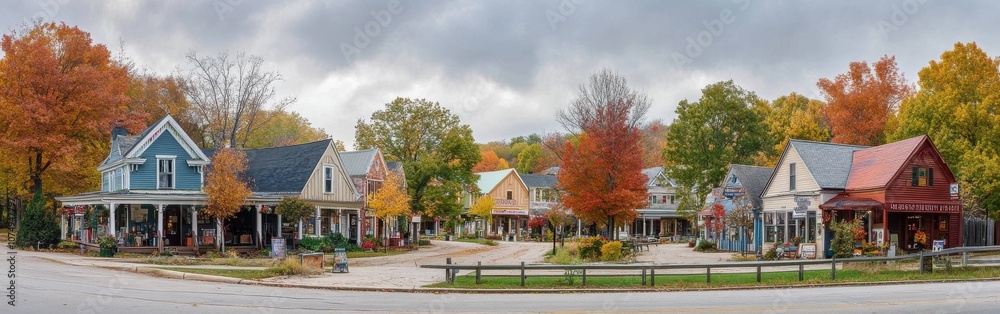 A tranquil autumn view of the historic town showcasing colorful foliage and charming architecture on a cloudy day A tranquil autumn view of the historic town showcasing colorful foliage and charming architecture on a cloudy day