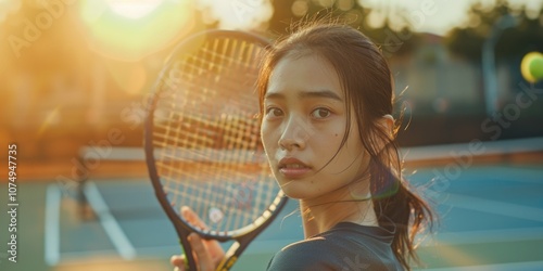 The image depicts a female tennis player on the court, ready to serve or return. Her stance is one of concentration and preparation.