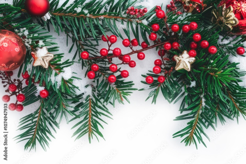 Christmas greenery with red berries and ornaments on snow Christmas greenery with red berries and ornaments on snow