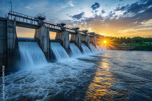 Itaipu Binacional hydroelectric power station in Foz do Iguazu Brazil, border Paraguay. Panoramic view of modern giant dam on Parana river, South America. Hydro electrification concept. Copy ad space photo