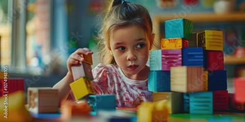 The little girl is focused on building with colorful wooden blocks, a common playtime activity that helps develop creativity, hand-eye coordination, and cognitive skills.