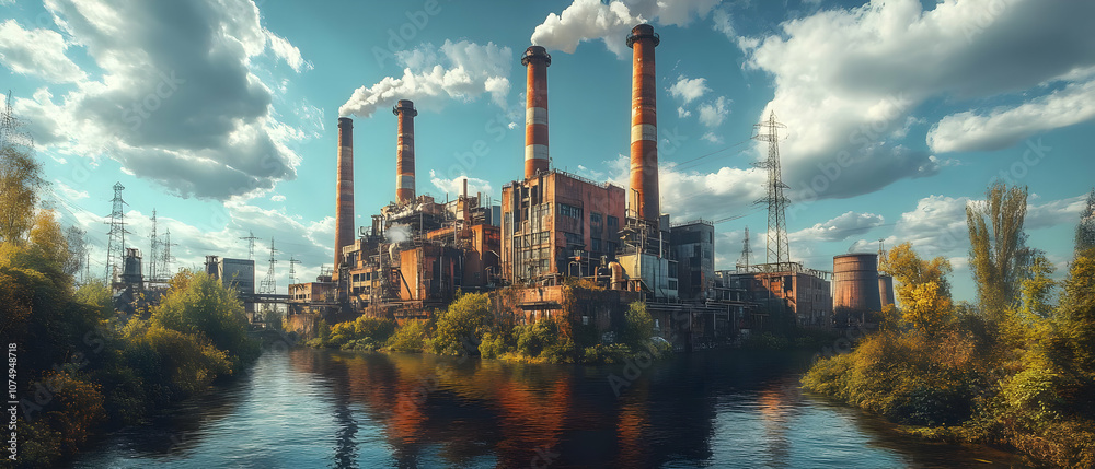 Fototapeta premium An industrial landscape featuring smokestacks, factories, and a river under a vibrant sky.