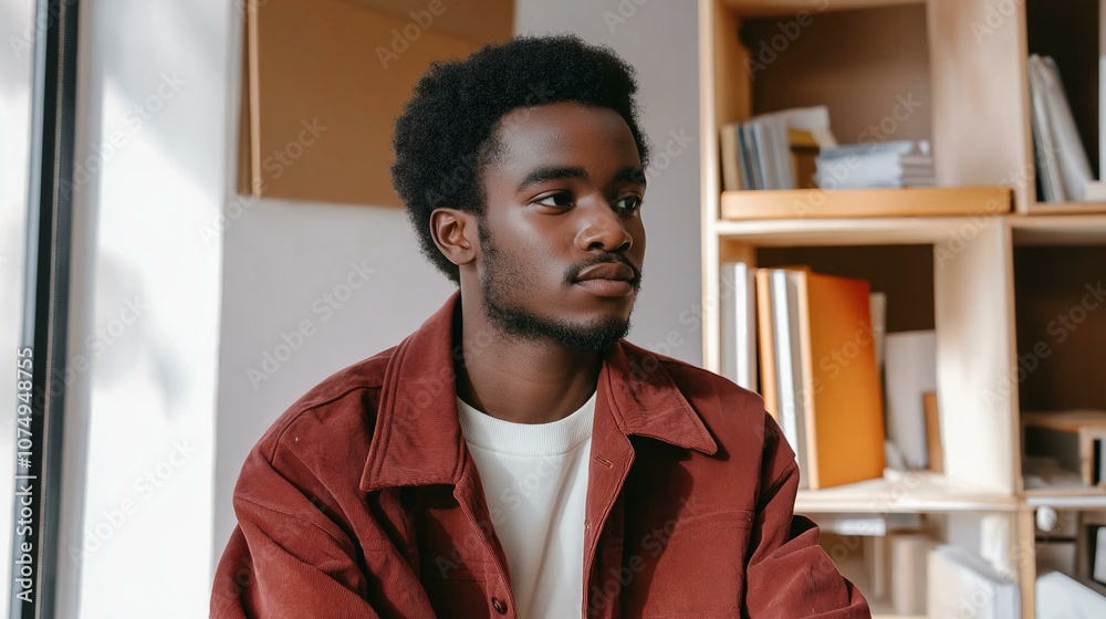 Young man sitting in a modern office, contemplating while looking out the window.