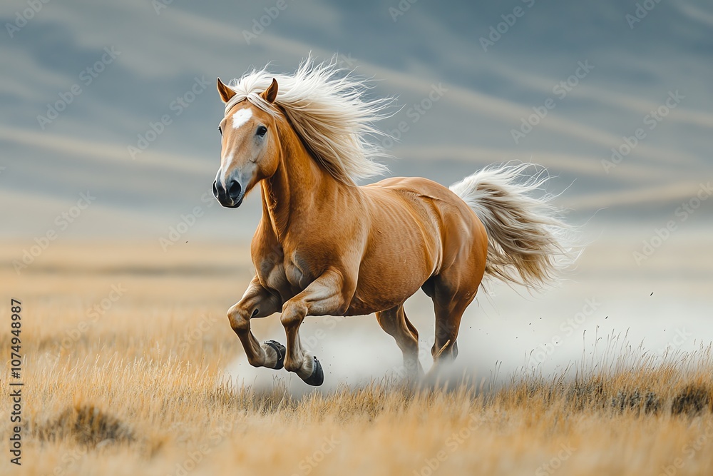 A golden palomino horse gallops through a field of dry grass, kicking up dust with its powerful legs and flowing mane. A golden palomino horse gallops through a field of dry grass, kicking up dust with its powerful legs and flowing mane.