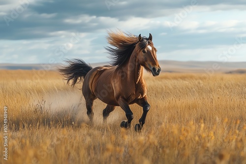 A majestic brown horse runs through a field of tall grass under a cloudy sky, kicking up dust with its powerful hooves.