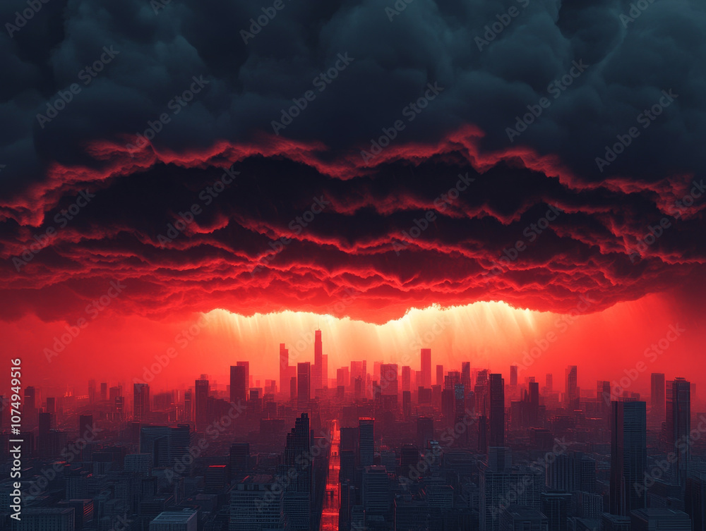 A dramatic storm brews over futuristic cityscape, with dark clouds illuminated by vibrant red hues. scene evokes sense of awe and tension as light breaks through ominous sky A dramatic storm brews over futuristic cityscape, with dark clouds illuminated by vibrant red hues. scene evokes sense of awe and tension as light breaks through ominous sky