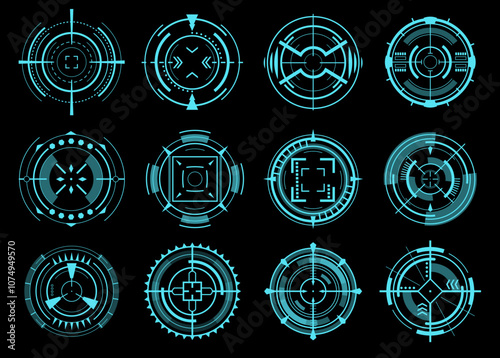 Blue futuristic optical aims. Glowing round objects of game interface. HUD icons. Military simulator. Sci-Fi UI. Camera viewfinder. Bullseye crosshair. Focus range indications vector set