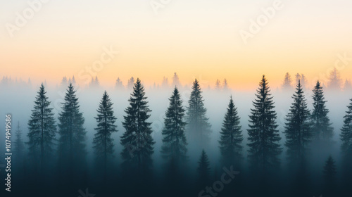 Misty pine forest at dawn creates serene and tranquil atmosphere, with silhouettes of trees emerging from fog against soft pastel sky