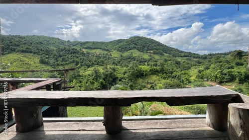 Wooden terrace with beautiful mountain view, Bang Kama, Ratchaburi, Thailand.