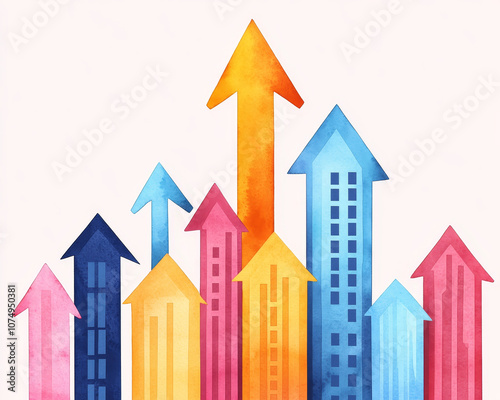 Abstract watercolor cityscape with ascending arrows in various colors, symbolizing growth and progress. vibrant hues evoke sense of optimism and dynamism photo