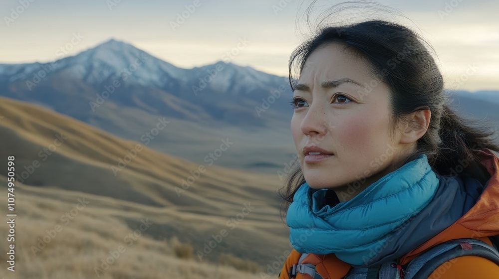 Woman Breathing Heavily After Climbing a Mountain Woman Breathing Heavily After Climbing a Mountain