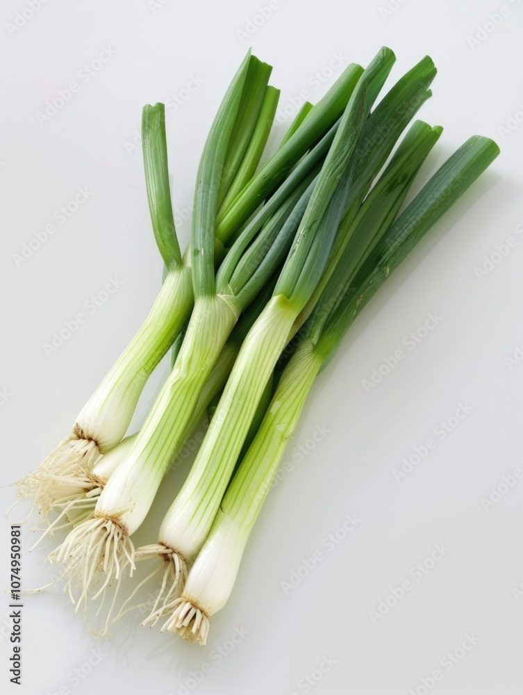 A group of green onions with white bulbs. A group of green onions with white bulbs.