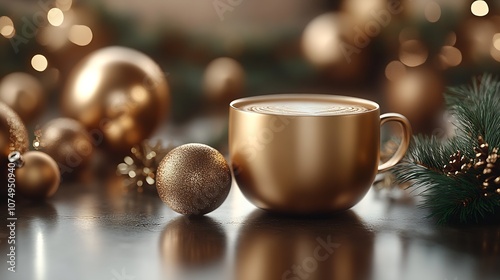 Festive Gold Coffee Mug with Holiday Decorations and Bokeh Background : Generative AI