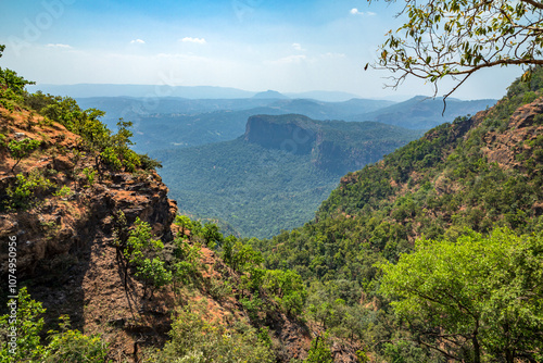 Beautiful view of satpura mountain range, View from Chouragarh Lord Shiva temple, Pachmarhi, Madhya Pradesh, India. photo