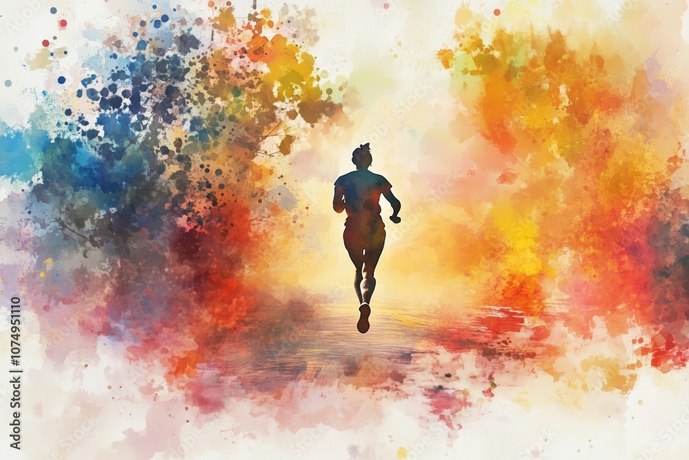 Naklejka premium Running silhouette against vibrant abstract background, colorful splashes, energetic