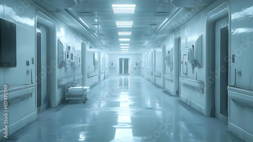 A clean, sterile hospital hallway with bright lighting and medical equipment lining the walls.